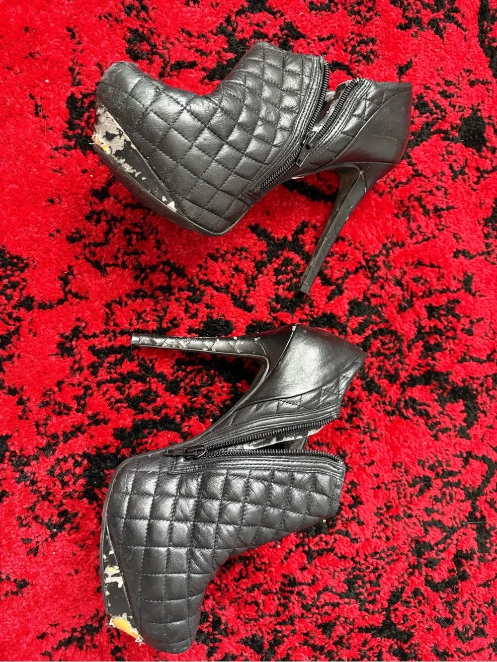 Women’s Black Quilted High Heel Ankle Booties with Side Zip